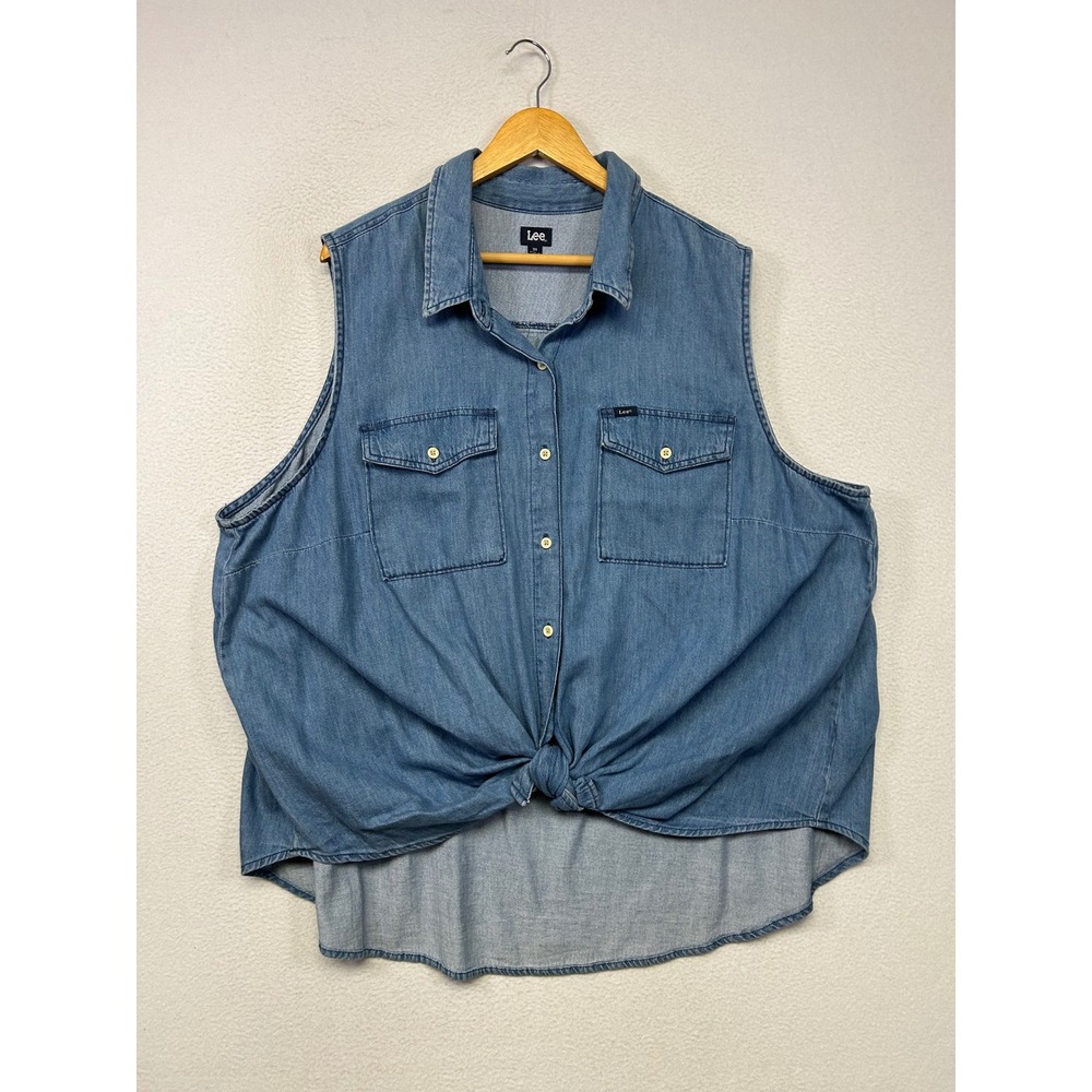 Western Boho Lee Womens 3X Blue Denim Front Tie Sleeveless Button Down Shirt